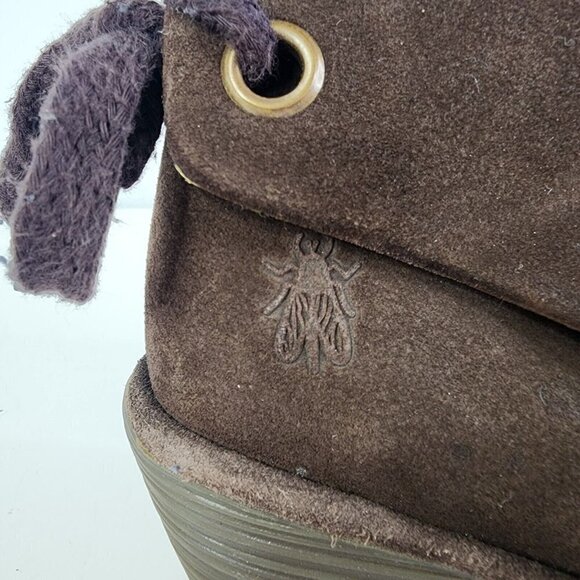 FLY London Yebi Espresso Suede Ruched Ankle Boots with Tie EU 40 US 10 Wedge - Picture 3 of 15